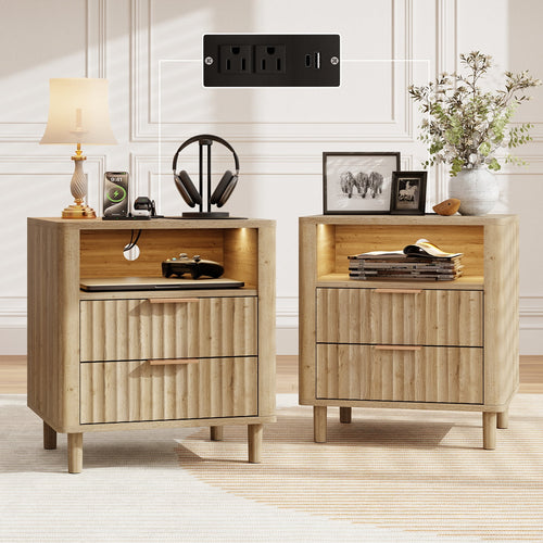 Fluted Nightstand Set of 2 with Charging Station, 2 Drawers + Open Shelf