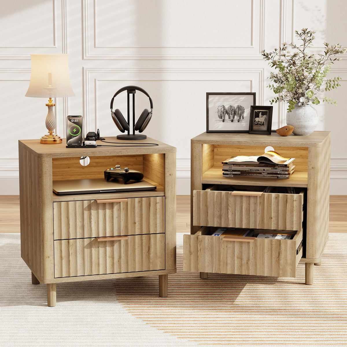 Fluted Nightstand Set of 2 with Charging Station, 2 Drawers + Open Shelf