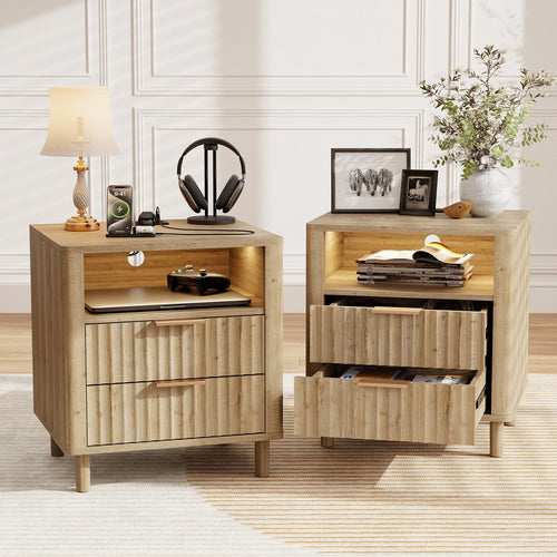 Fluted Nightstand Set of 2 with Charging Station, 2 Drawers + Open Shelf