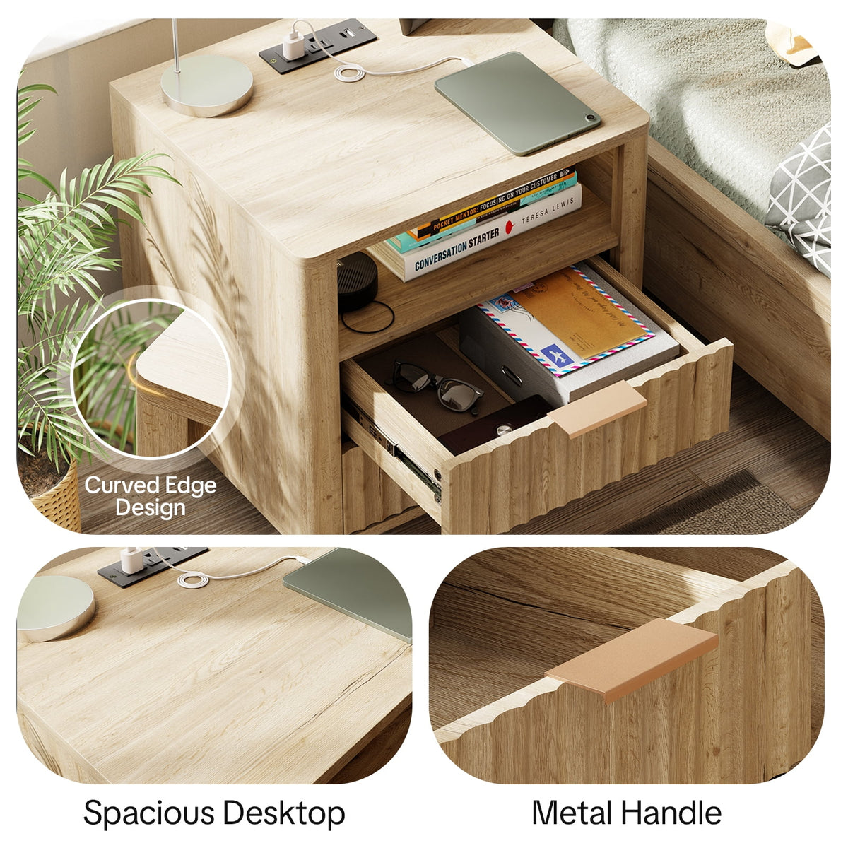 Fluted Nightstand Set of 2 with Charging Station, 2 Drawers + Open Shelf
