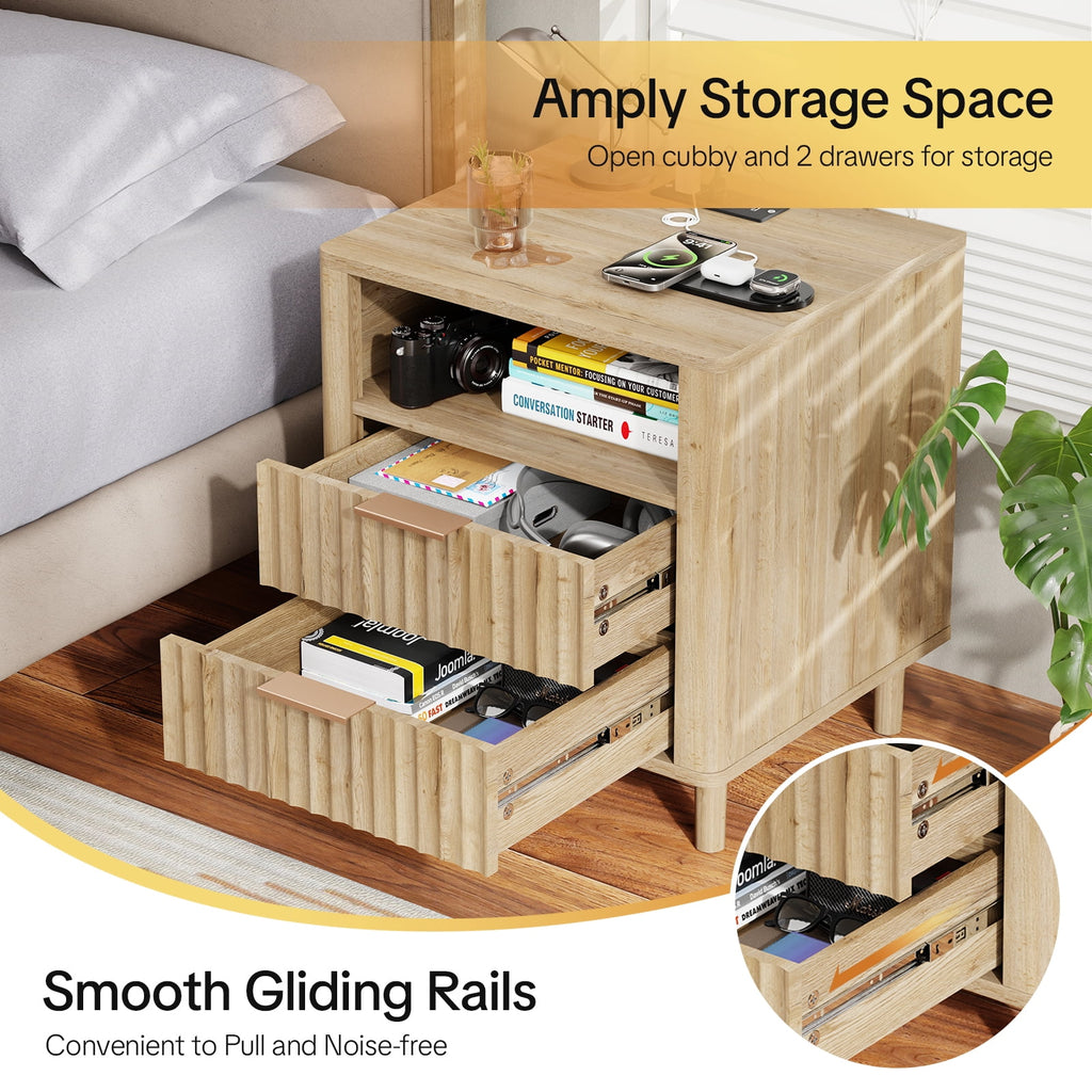 Fluted Nightstand Set of 2 with Charging Station, 2 Drawers + Open Shelf