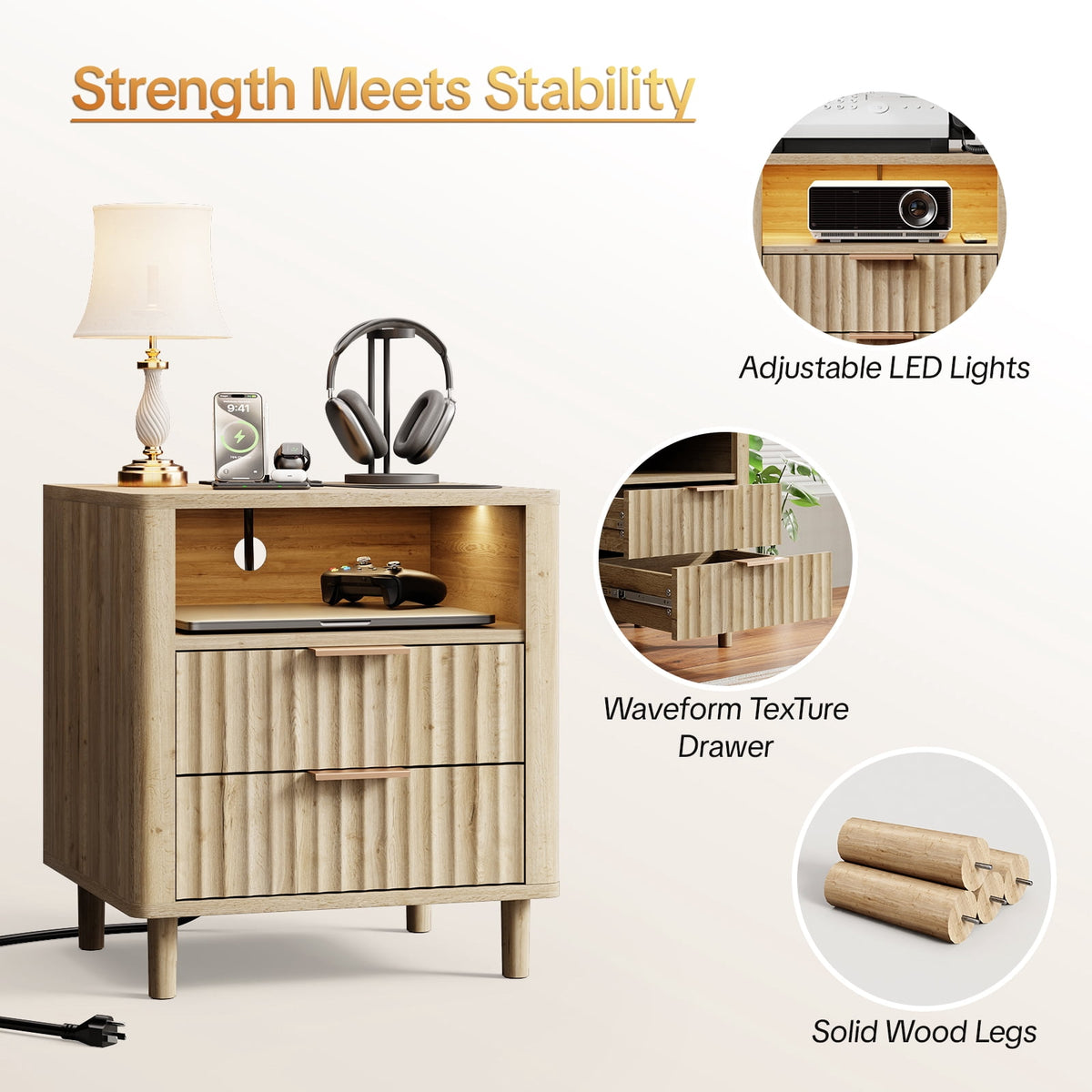 Fluted Nightstand Set of 2 with Charging Station, 2 Drawers + Open Shelf