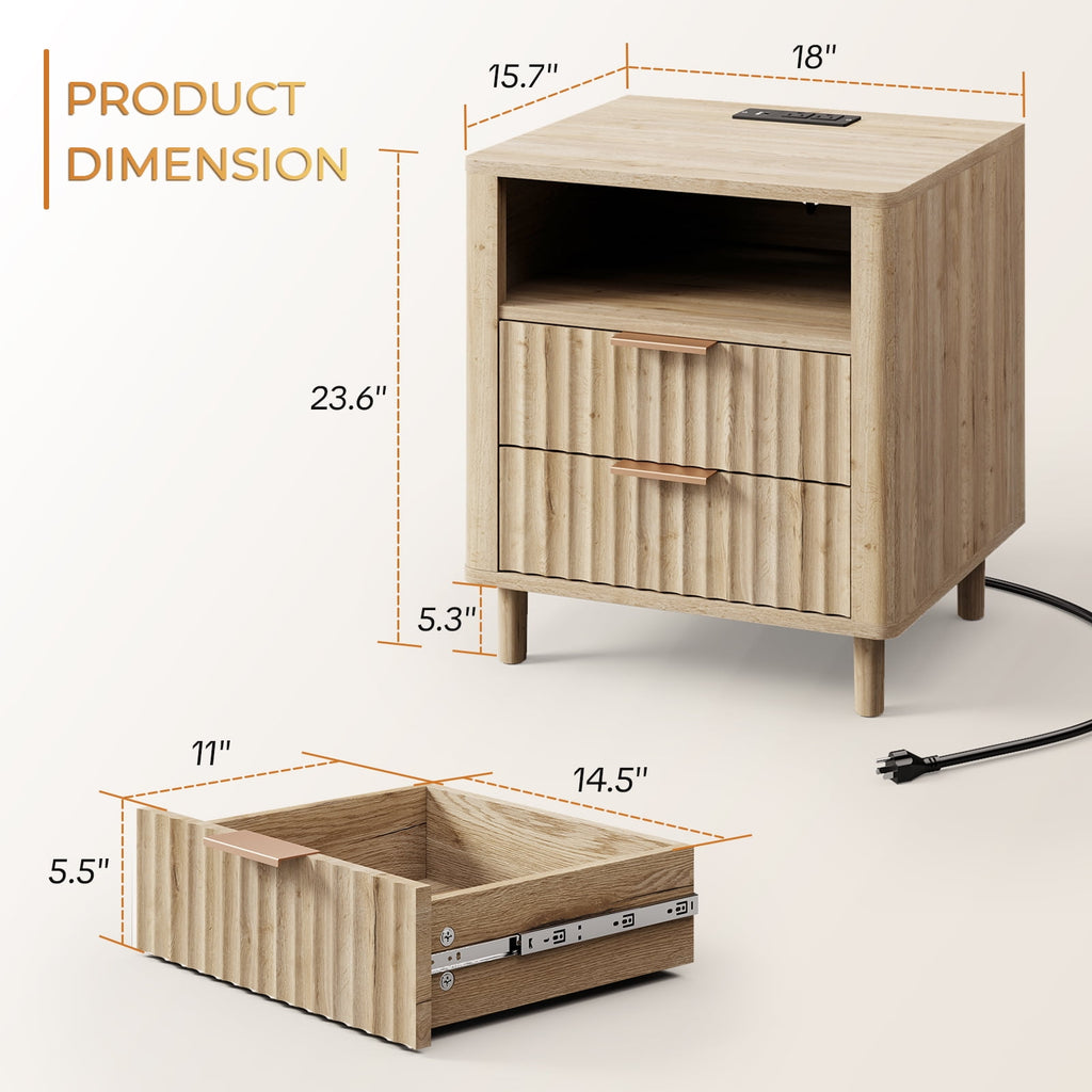 Fluted Nightstand Set of 2 with Charging Station, 2 Drawers + Open Shelf