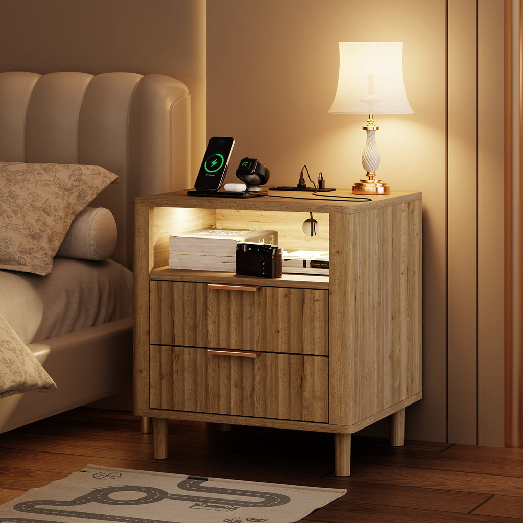 Fluted Nightstand Set of 2 with Charging Station, 2 Drawers + Open Shelf