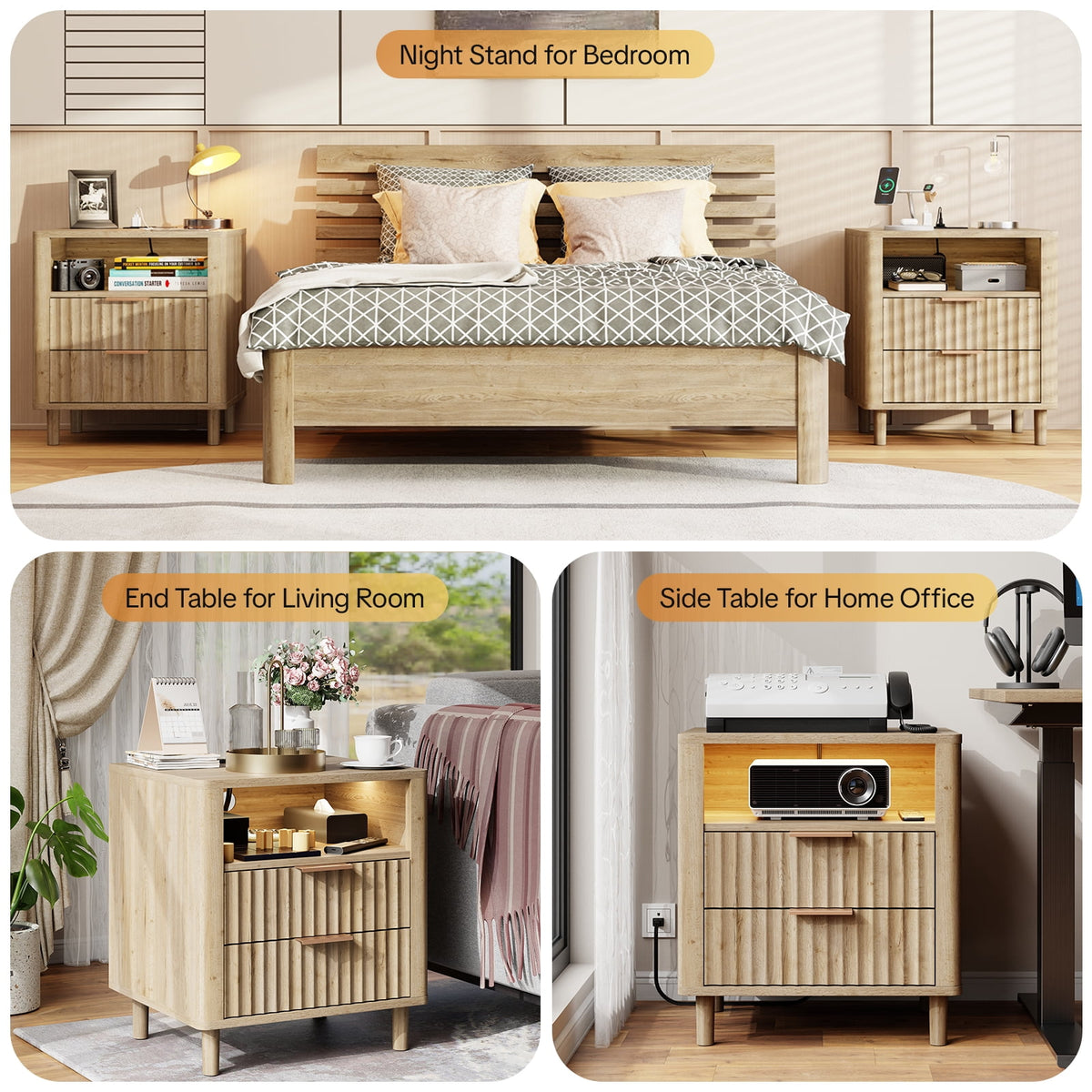 Fluted Nightstand Set of 2 with Charging Station, 2 Drawers + Open Shelf