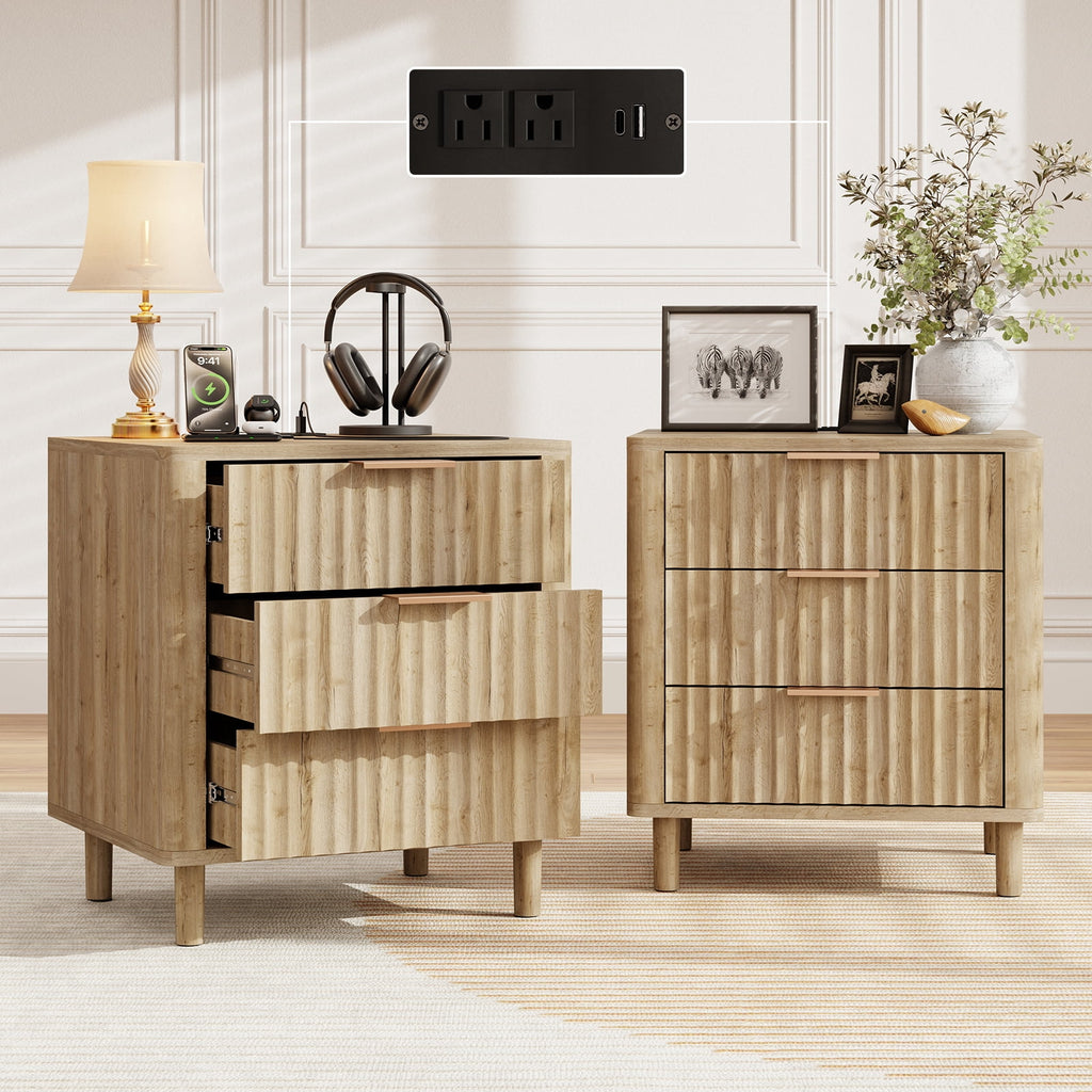 Fluted Nightstand Set of 2 with Charging Station, 3 Drawers