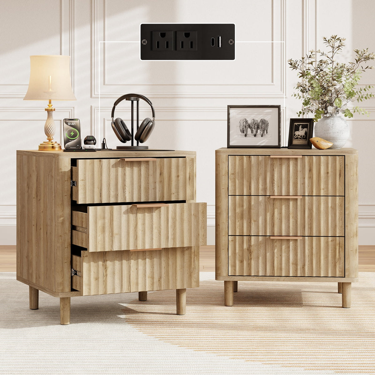 Fluted Nightstand Set of 2 with Charging Station, 3 Drawers