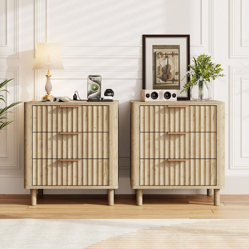 Fluted Nightstand Set of 2 with Charging Station, 3 Drawers