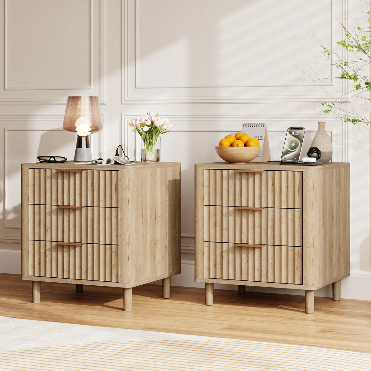 Fluted Nightstand Set of 2 with Charging Station, 3 Drawers