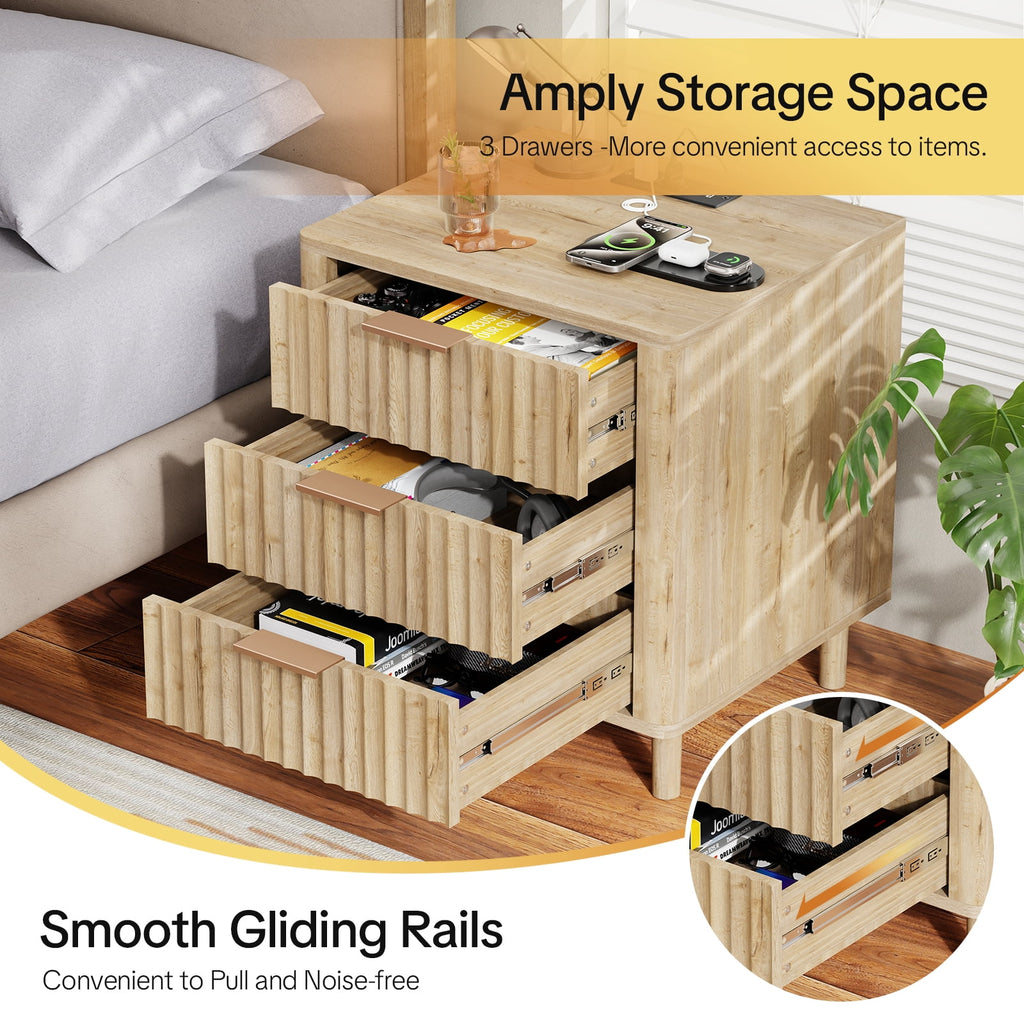 Fluted Nightstand Set of 2 with Charging Station, 3 Drawers