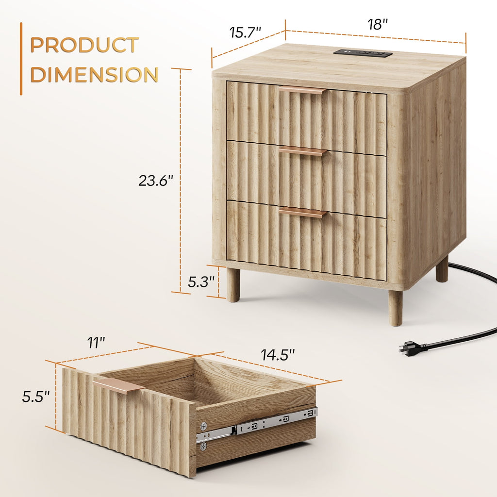 Fluted Nightstand Set of 2 with Charging Station, 3 Drawers