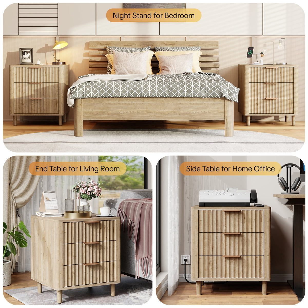 Fluted Nightstand Set of 2 with Charging Station, 3 Drawers