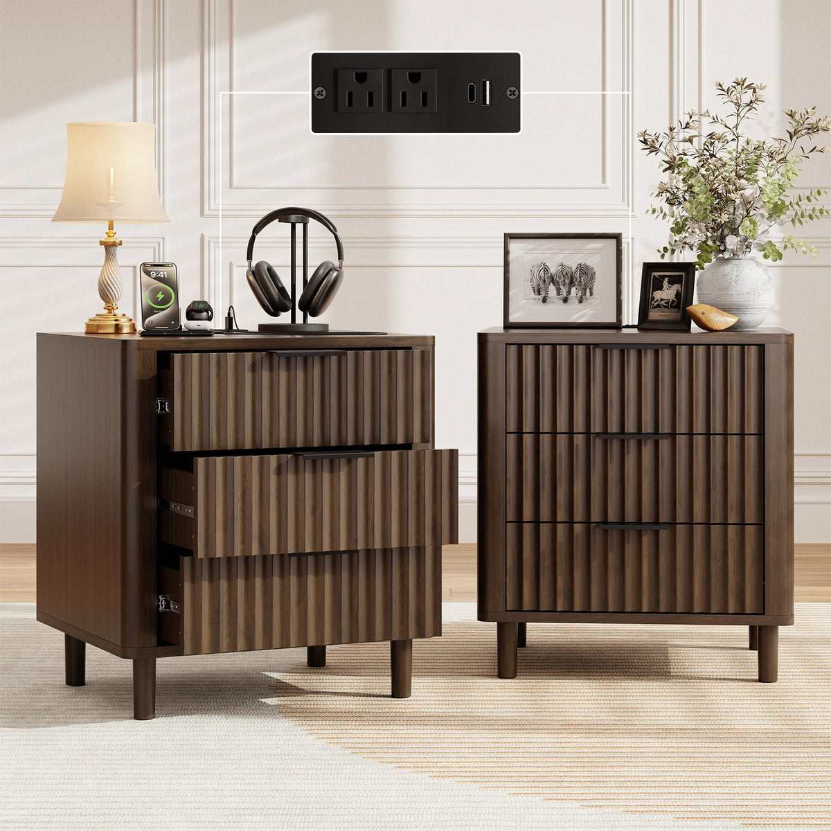 Fluted Nightstand Set of 2 with Charging Station, 3 Drawers