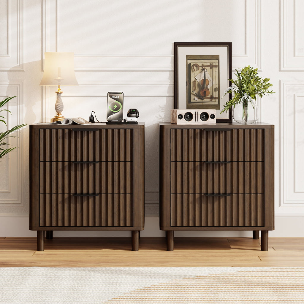 Fluted Nightstand Set of 2 with Charging Station, 3 Drawers