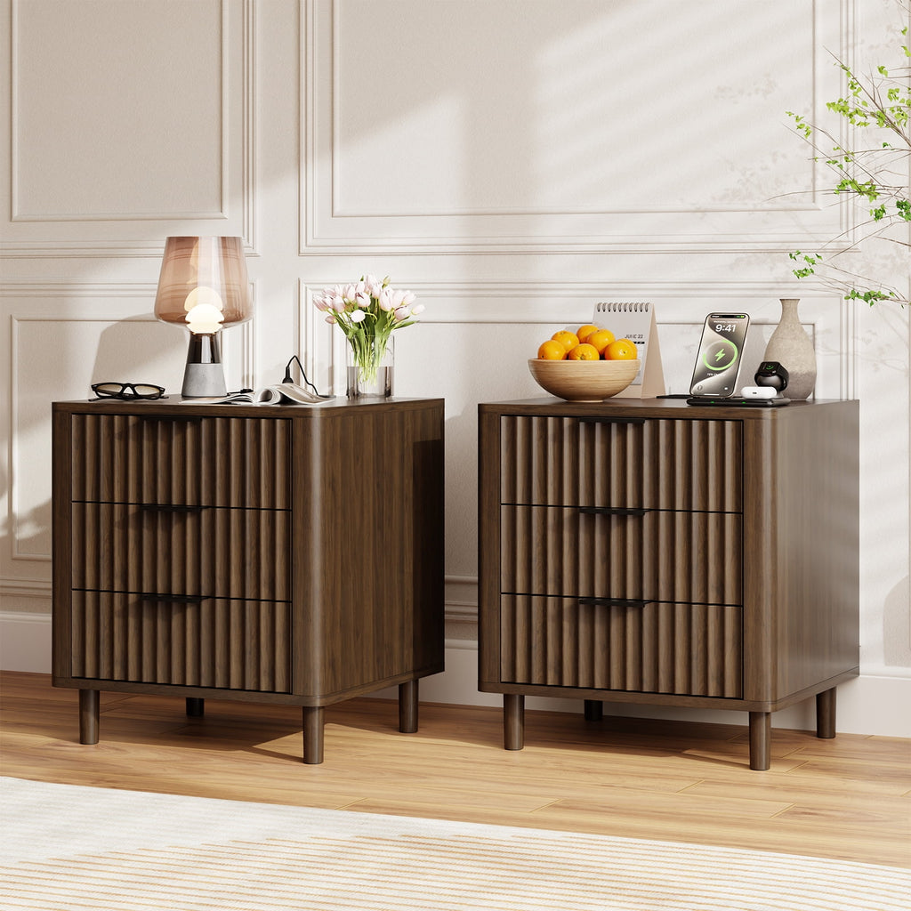 Fluted Nightstand Set of 2 with Charging Station, 3 Drawers