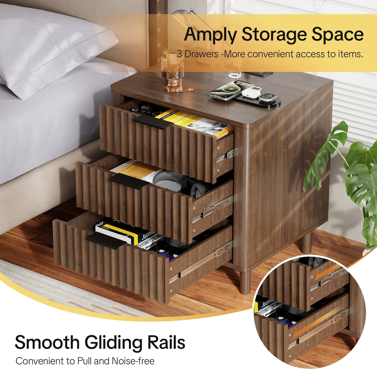 Fluted Nightstand Set of 2 with Charging Station, 3 Drawers