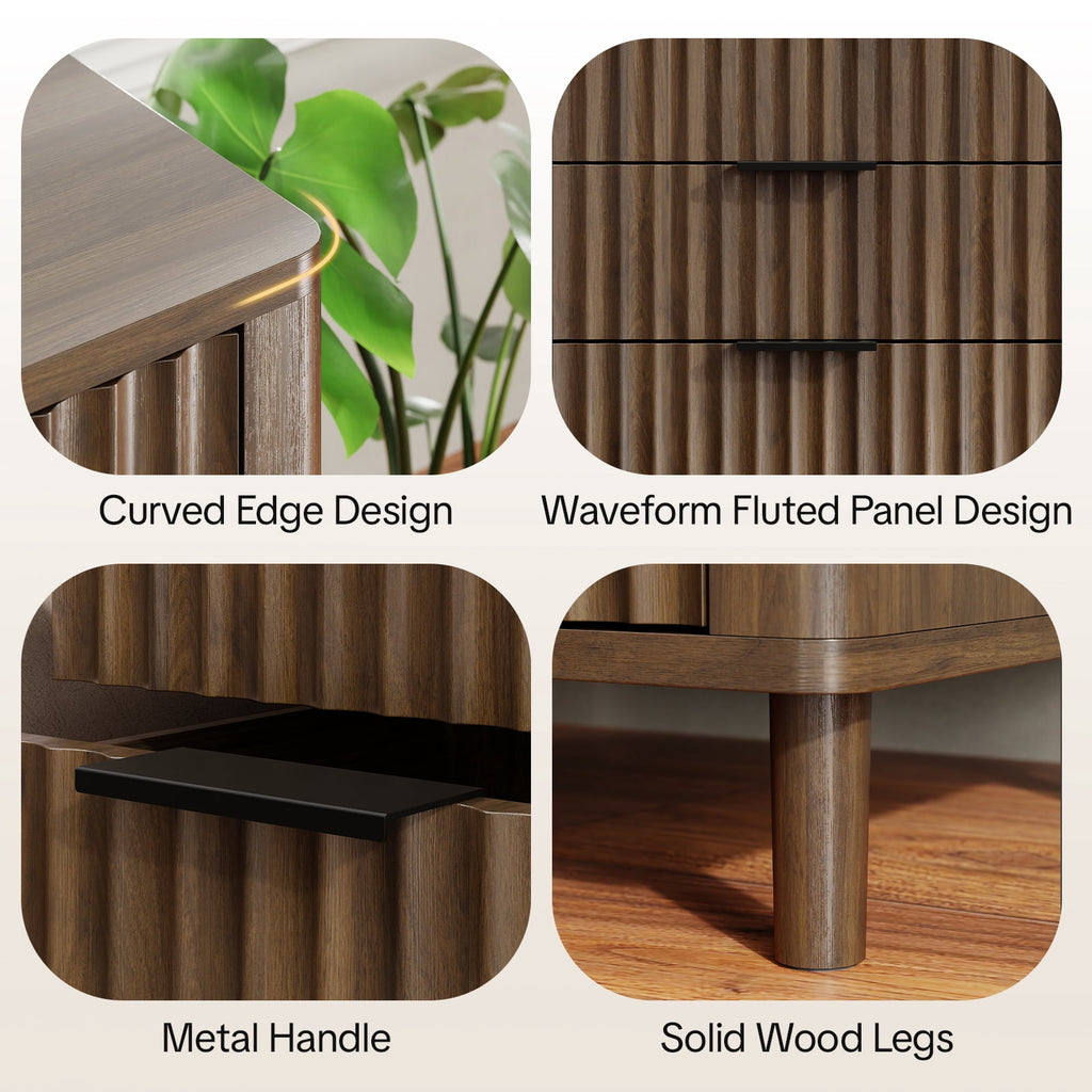 Fluted Nightstand Set of 2 with Charging Station, 3 Drawers