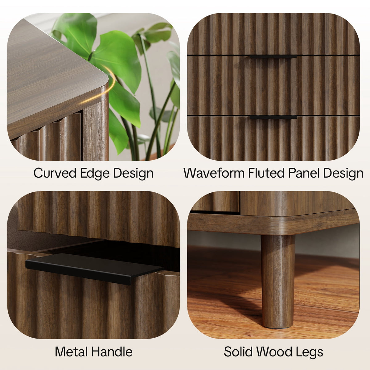 Fluted Nightstand Set of 2 with Charging Station, 3 Drawers