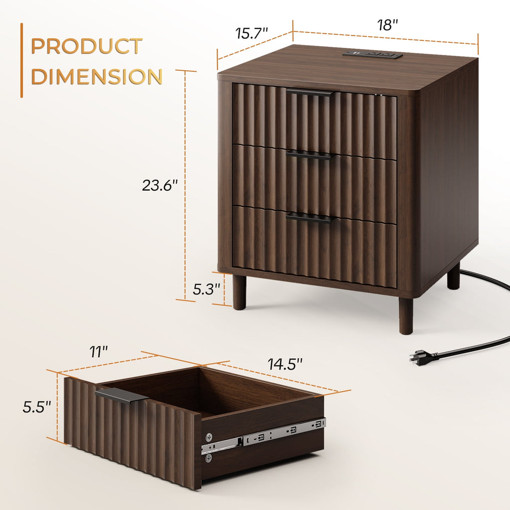 Fluted Nightstand Set of 2 with Charging Station, 3 Drawers