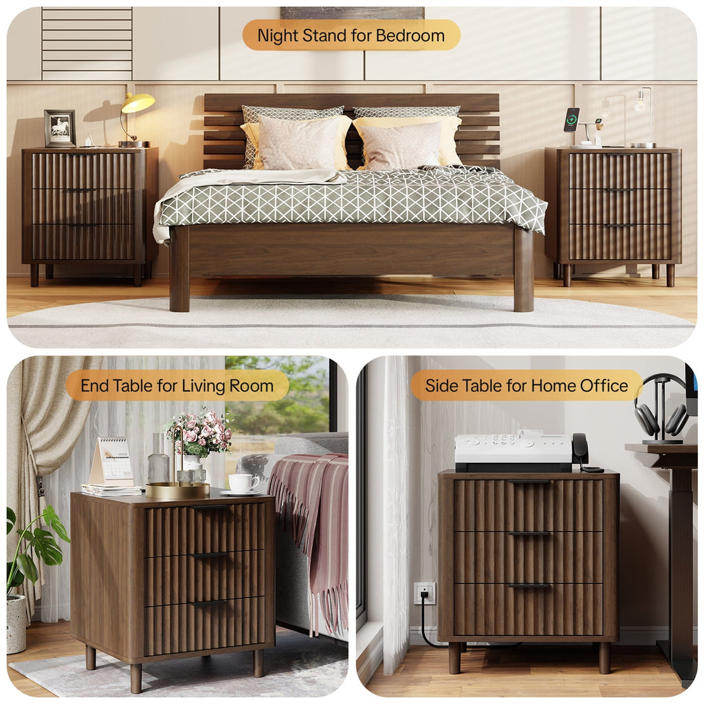 Fluted Nightstand Set of 2 with Charging Station, 3 Drawers