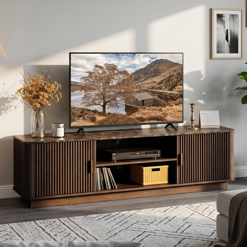 Fluted TV Stand with Marble-Pattern Top for 65" TVs
