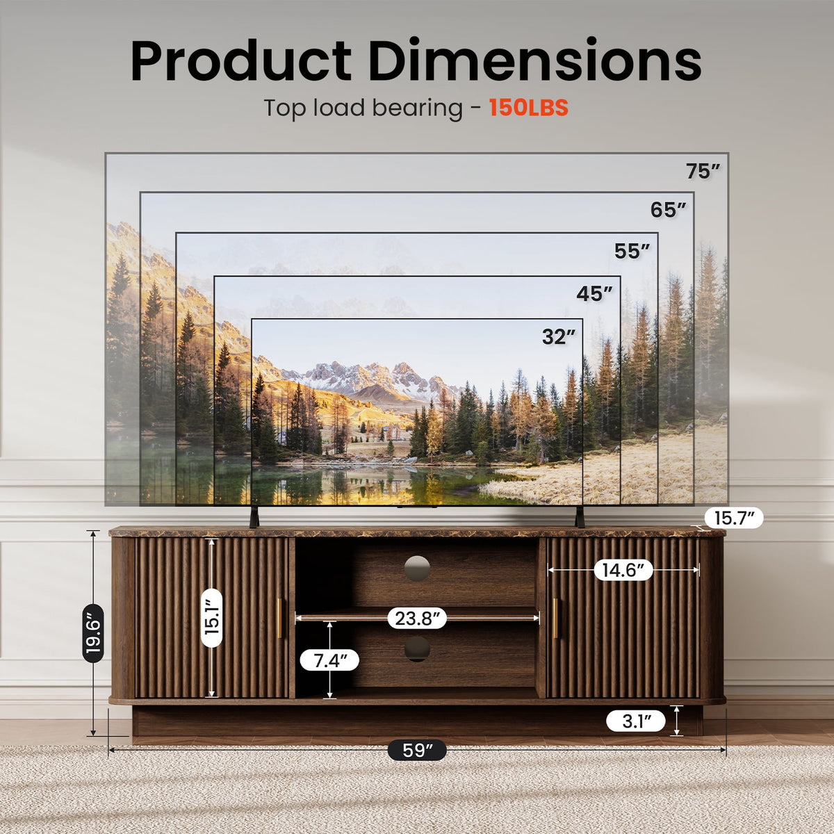 Fluted TV Stand with Marble-Pattern Top for 65" TVs