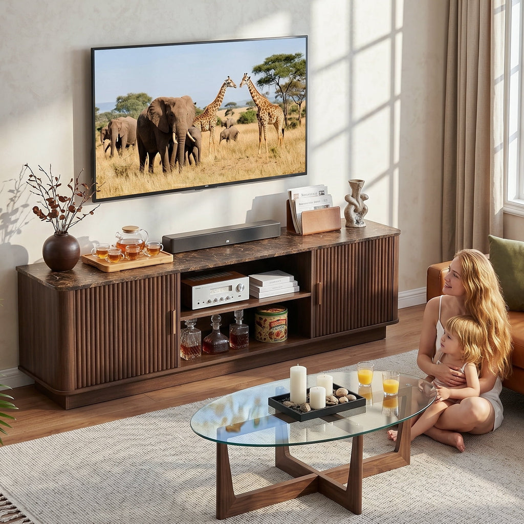 Fluted TV Stand with Marble-Pattern Top for 65" TVs