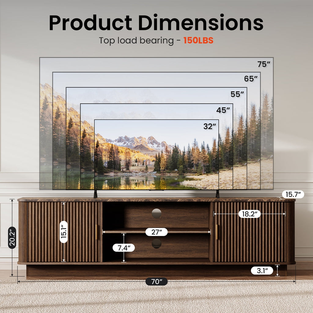 Fluted TV Stand with Marble-Pattern Top for 75" TVs