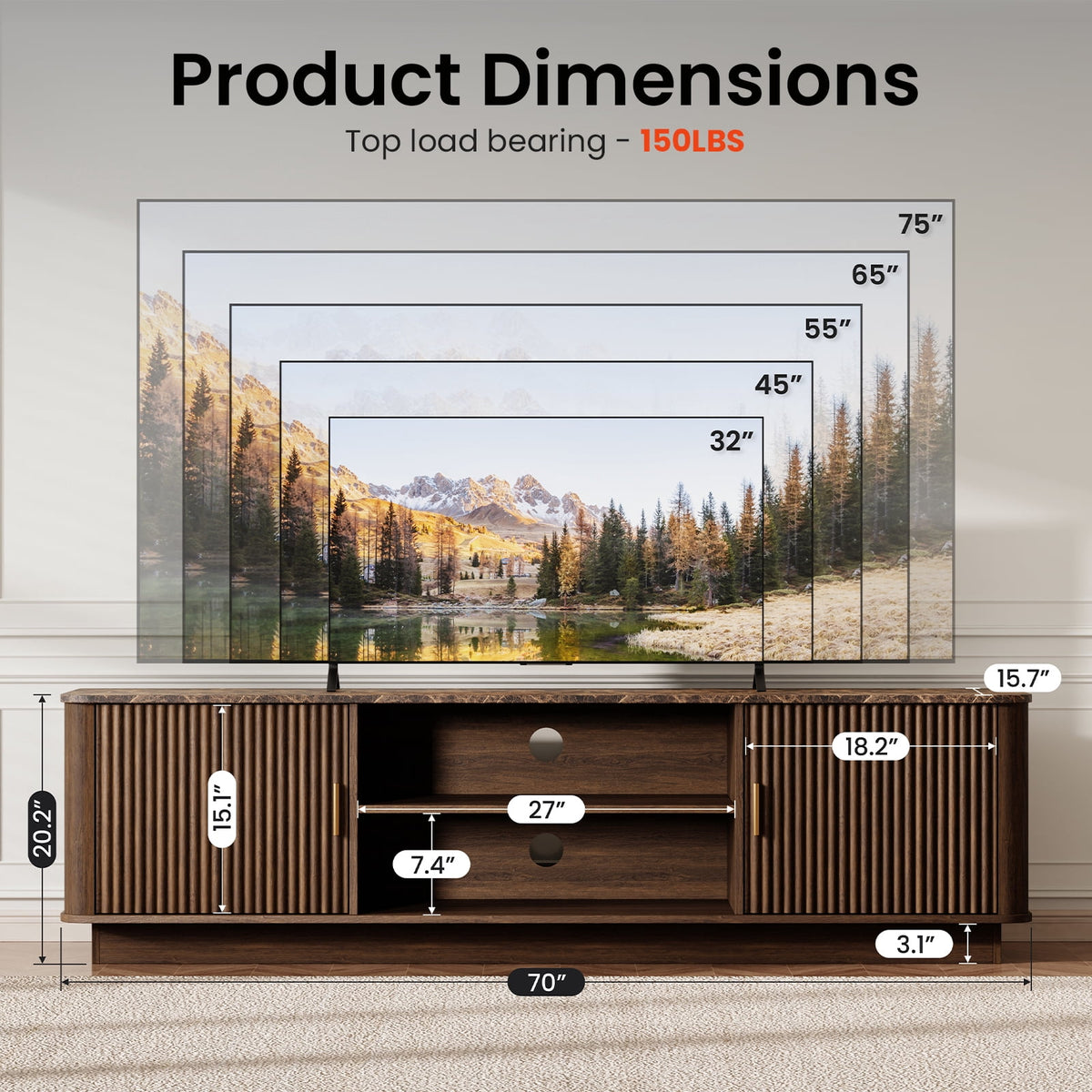 Fluted TV Stand with Marble-Pattern Top for 75" TVs