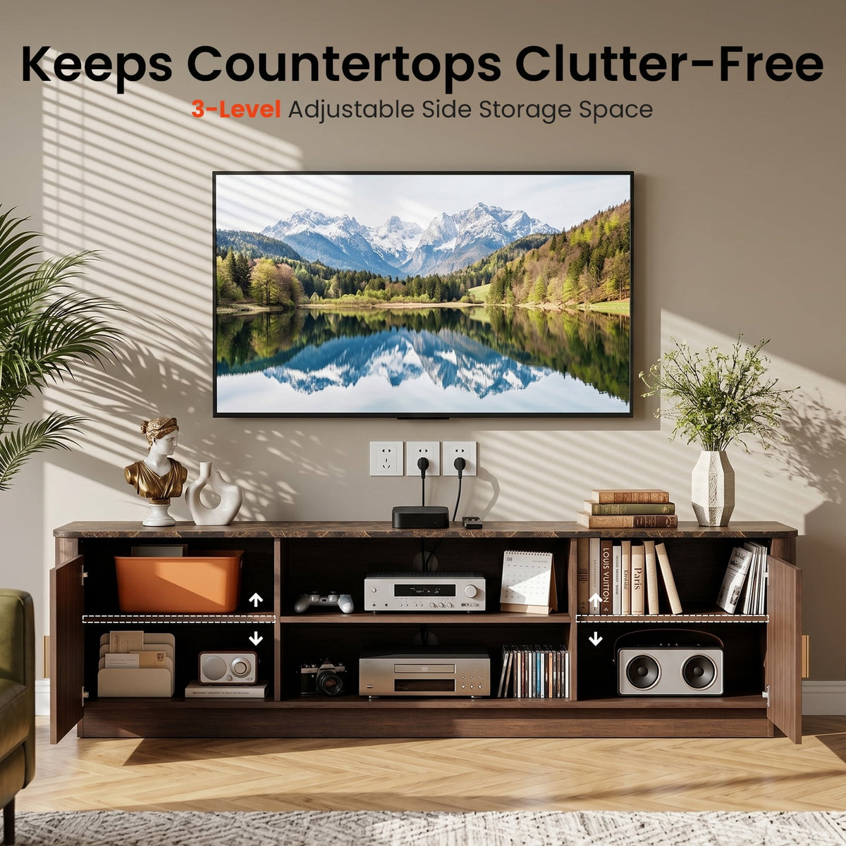 Fluted TV Stand with Marble-Pattern Top for 75" TVs