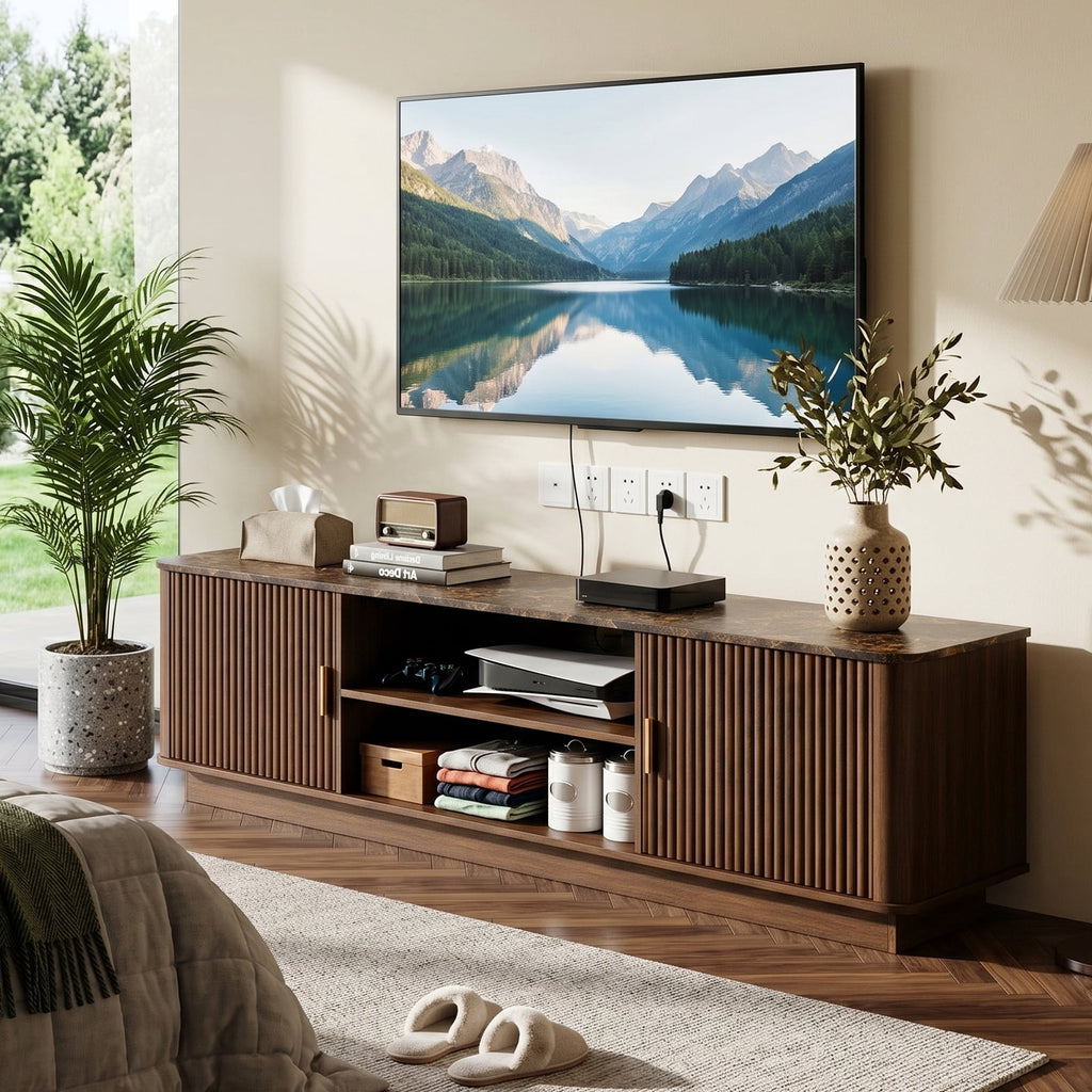 Fluted TV Stand with Marble-Pattern Top for 75" TVs